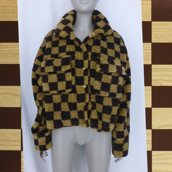 Lulu's Fuzzy Brown Checkered Fleece Jacket (Size L) - Picture 3 of 12